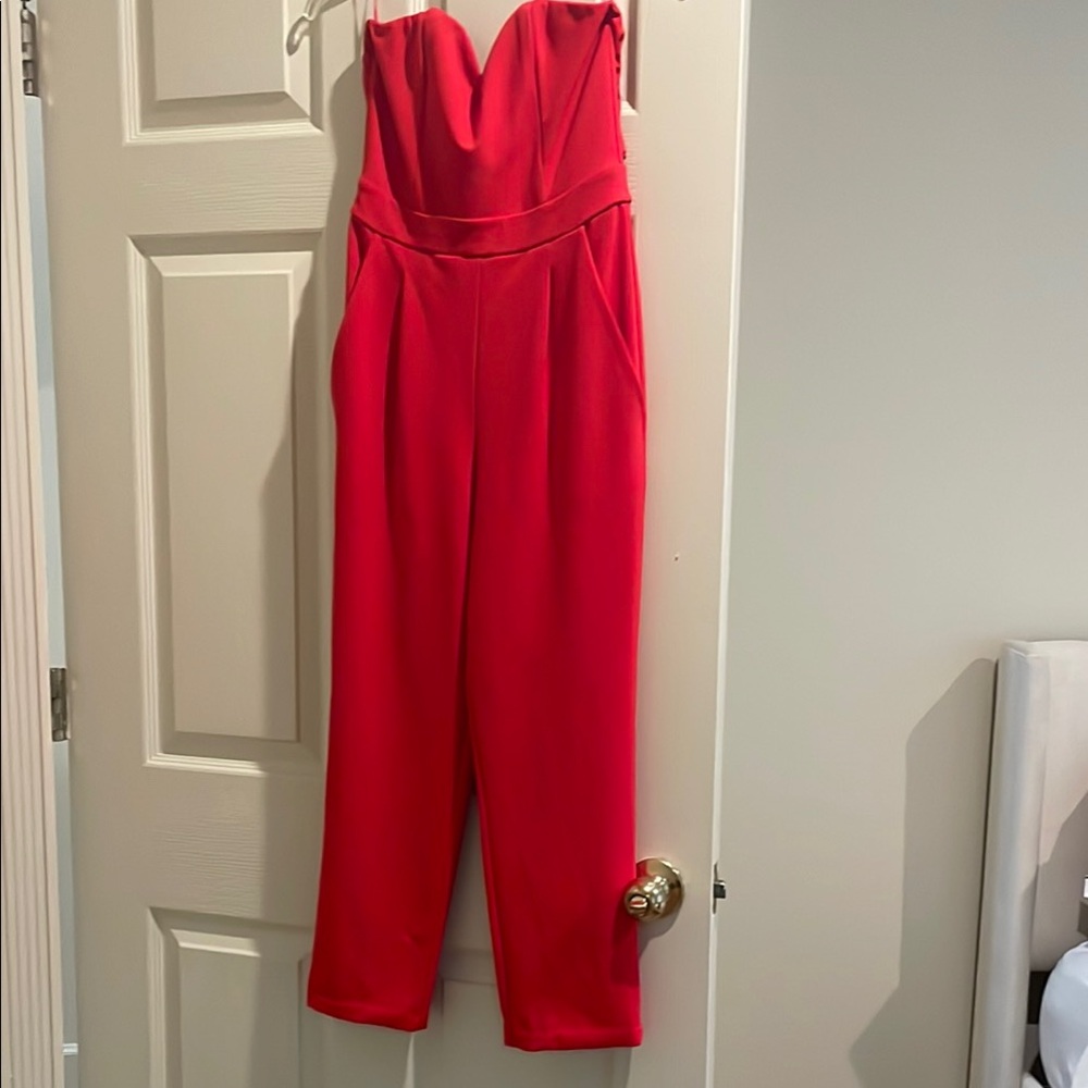 Express Red Sweetheart Neck Jumpsuit with Fitted Bodice